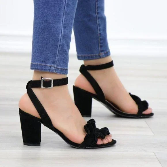 Suede Black Chunky Heel Open Ruffle Toe Sandal - Picture 3 of 10